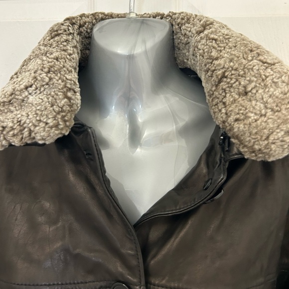 Genuine Brown Leather, Oversized Coat with Removable Sherpa Collar - Picture 3 of 11